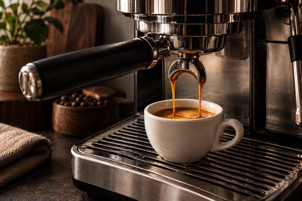Espresso makinesinden beyaz fincana akan iki ince kahve akışı