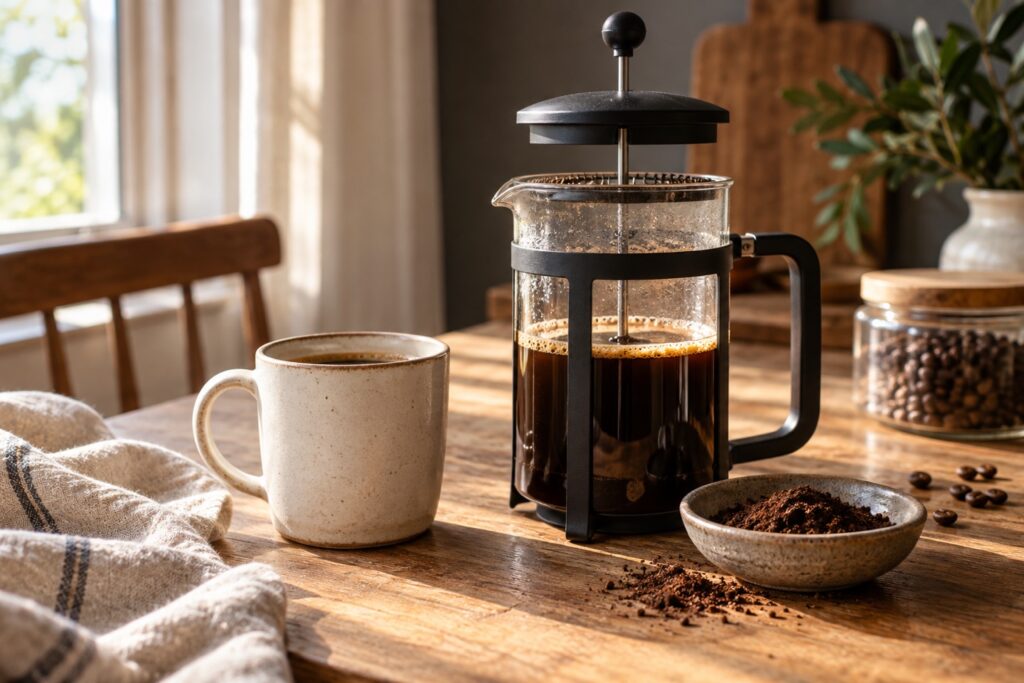 Ahşap kahvaltı masasında cam French Press ve seramik kahve kupası