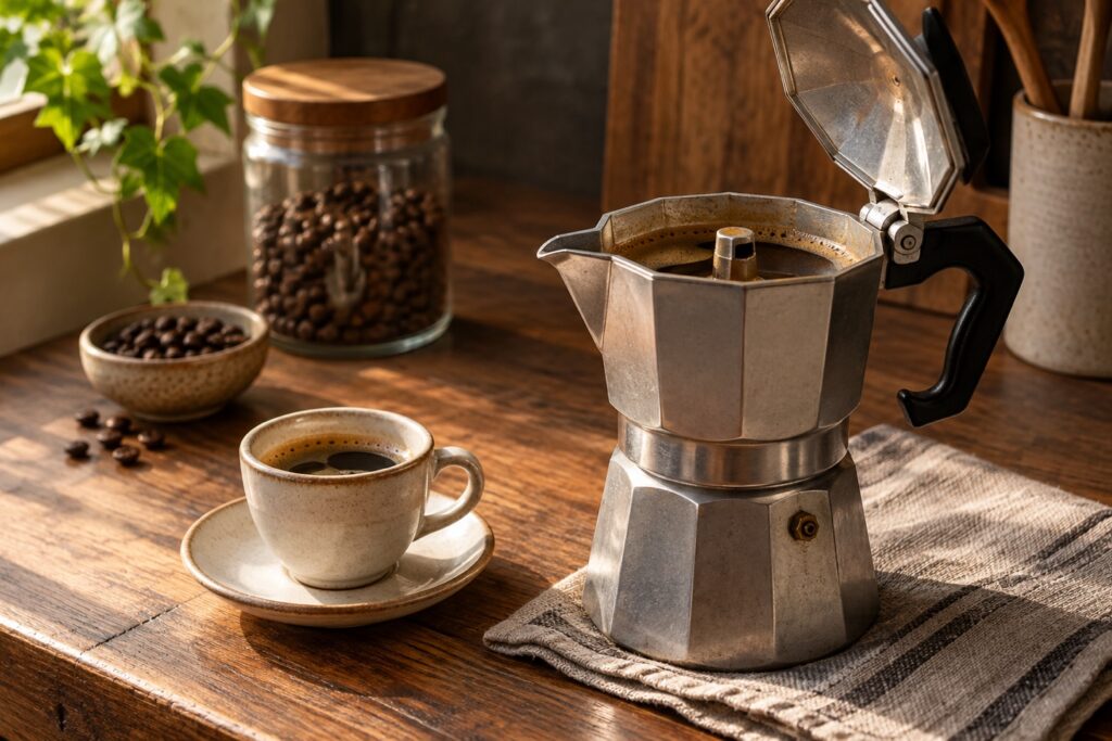 Kapağı açık alüminyum Moka Pot ve yanında küçük kahve fincanı