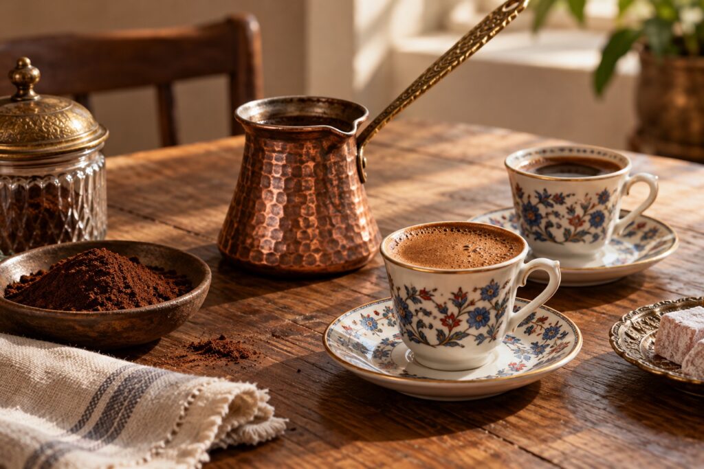 Bakır cezve ve köpüklü Türk kahvesi bulunan iki porselen fincan